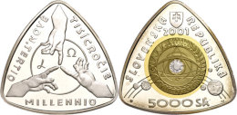 5000 Kronen, 2001, Dreieckig, Silber Mit Goldinlay (6,21g Fein), Christliche Jahrtausendwende, KM 58, Mit... - Eslovaquia