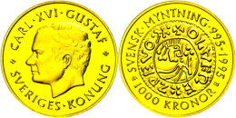 1000 Kronen, Gold, 1995, Silberpfennig Unter König Olof, Ca. 5,22g Fein, KM 887, Im Blister, St.  St1000... - Suède