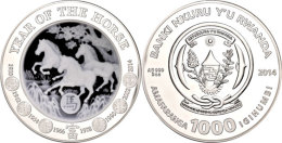 1000 Francs, 2014 Jahr Des Pferdes, Silber 3 Oz Mit Achat-Kamee, PP In Spezialbox Mit Zertifikat  PP1000 Franc,... - Rwanda