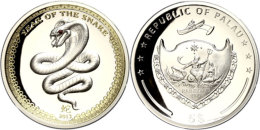5 Dollars, 2013, Jahr Der Schlange, 1 Oz Silber Hochrelief Mit 1 Kristall, PP In Originalschatulle  PP5... - Palau