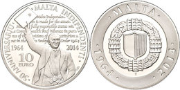 10 Euro, 2014, 50 Jahre Unabhängigkeit, Auflage Nur 5000 Stück, Mit Zertifikat In Ausgabeschatulle, PP. ... - Malta