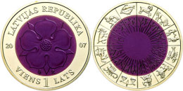 1 Lats, 2007, Heraldische Rose (violett Oxidiert), KM 90, Schön 90, Im Etui Mit Kapsel Und Zertifikat, Auflage... - Lettonie