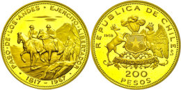 200 Pesos, Gold, 1968, 150 Jahre Andenüberquerung, Fb. 58, Kl. Kratzer, PP.  PP200 Peso, Gold, 1968,... - Chili