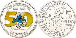 5 Euro, 2008, 50 Jahre Die Schlümpfe - Tampondruck, KM 270, Schön 254, Im Etui Mit Kapsel Und Zertifikat,... - Andere & Zonder Classificatie