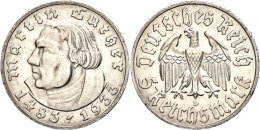 5 Reichsmark, 1933, D, Luther, Kl. Rf., Vz., Katalog: J. 353 Vz5 Reichmark, 1933, D, Luther, Small Edge Nick,... - Otros & Sin Clasificación