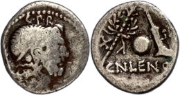 Cn. Cornelius Lentulus Marcellinus, Denar (3,06g), 76/75 V. Chr., Rom. Av: Kopf Des Genius Populi Romani Mit Zepter... - República (-280 / -27)