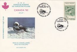 53611- ROMANIAN ARCTIC EXPEDITION, BYLOT-CANADA, LONG TAILED DUCK, SPECIAL COVER, 1992, ROMANIA - Arktis Expeditionen