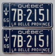 Plaque D'immatriculation - CANADA - Québec 1965 - Les 2 Plaques - - Placas De Matriculación