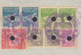 REP-236 CUBA REPUBLICA REVENUE (LG-1141) 5 + 10c (2) + 50c (2) TIMBRE NACIONAL 1958 + PALACIO DE JUSTICIA 1952 + JUBILAC - Strafport