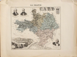 Carte Géographique: La France, Le Département Du Gard, Armes De Nîmes, Médaillons: Assas, Florian, Guizot - Carte Geographique