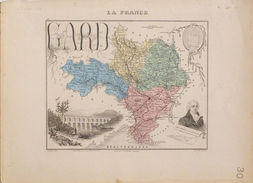 Carte Géographique: La France, Le Département Du Gard, Armes De Nîmes, Le Pont Du Gard, Médaillons De Florian - Carte Geographique