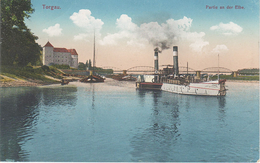 AK Torgau Blick Elbe Schloss Hartenfels Brücke Hafen Schiff Schlepper Lastkahn Fähre Bei Belgern Mockrehna Werdau Grimma - Torgau