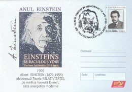 #BV6487  ALBERT EINSTEIN,SCIENTIST,COVER STATIONERY,OBLITERATION CONCORDANTE, 2005,ROMANIA. - Albert Einstein