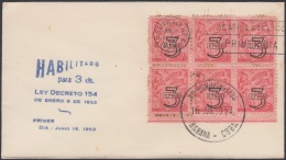 1953-FDC-89 CUBA REPUBLICA. 1953. FDC.TABACO HABANO. TOBACCO. HABILITADO 3c. LILY COVER. BLOCK 6. - FDC