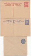 Travancore Cochin, 3 Diff., Unused Postal Stationery, Postcard & Envelope, Motif Coconut Tree & Elephant, Br Ind - Travancore-Cochin