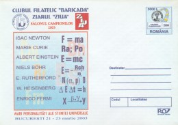 #BV6568 FAMOUS PEOPLE,ALBERT EINSTEIN,ISAC NEWTON,MARIE CURIE,COVER STATIONERY,2003,ROMANIA. - Albert Einstein