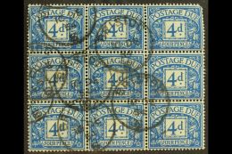 POSTAGE DUES 1951-52 4d Blue, SG D38, Used BLOCK Of 9 (3x3) Cancelled By "Bristol" Cds's, Top Right Stamp With... - Sin Clasificación