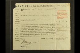 1816 ROYAL NAVY 'NAVY FIVE PER CENT. ANNUITIES' STOCK CERTIFICATE For Five Hundred Pounds, With Two Witness... - Andere & Zonder Classificatie