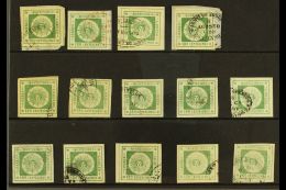 1859 THIN NUMERAL 180c Green Range,  Scott 11, Attractive Used 4 Margined Selection On A Stock Card, Many... - Uruguay
