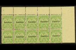 1889-90 1s Green, Perf 12½ X 12 Overprinted, SG 3, Upper Right Corner Block Of Ten (5 X 2), Position 10... - Swaziland (...-1967)