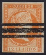 1859 UNISSUED. 1859 12c Orange Isabel II, Edifil NE1AS, With 4 Margins, Full Gum & Roller Remainder Cancel.... - Sonstige & Ohne Zuordnung