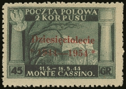 POLISH CORPS IN ITALY 1954 45gr Dark Green 10th Anniversary Of Monte Cassino With VERMILLION OVERPRINT Variety,... - Sonstige & Ohne Zuordnung