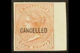 1863 1d Brown De La Rue (SG 57) IMPERF PLATE PROOF Overprinted "Cancelled" On White Surfaced Paper With 4 Good... - Mauricio (...-1967)