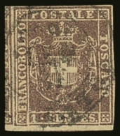 TUSCANY 1860 1c Brown Lilac, Sass 17b, Very Fine Used With Four Clear Margins, Showing Portion Of Adjoining Stamp... - Non Classés