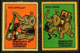 ELEPHANT LABELS Circa 1913 Two Advert Labels Produced By The Firm Of Heinrich Ries, Showing A Cartoon-style... - Other & Unclassified