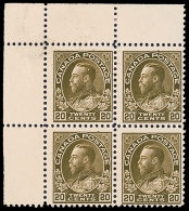 1912 20c Sage Green, Wet Printing, Unitrade 119b, Fine Mint CORNER BLOCK 4 From The Top Left Position, 2 Stamps... - Sonstige & Ohne Zuordnung