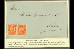 1868 (1 Oct) Cover Addressed To Arica (then In Peru, Now In Chile), Bearing 1868 10c Vermilion Horiz Pair, Scott... - Bolivië