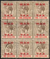 1919 1s Grey-black And Carmine Opt'd "WAR TAX", SG 104, Very Fine Cds Used BLOCK OF NINE. A Scarce Multiple Of... - Sonstige & Ohne Zuordnung