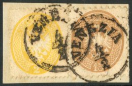 LOMBARDY VENETIA 1863 2so Yellow, Perf 14 Together With 1864 15so Brown Perf 9½, Mi 14+28, Tied To Small... - Other & Unclassified