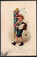 9003 - Alte Litho Glückwunschkarte - Patriotika Schulanfang Zuckertüte - EAS - Gel 1917 - Children's School Start