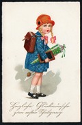 9010 - Alte Glückwunschkarte - Schulanfang Mädchen Mit Zuckertüte - Gel 1927 - Children's School Start