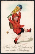 9023 - Alte Litho Glückwunschkarte - Schulanfang Mädchen Mit Zuckertüte - N. Gel - Einschulung