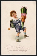 9029 - Alte Litho Glückwunschkarte - Schulanfang Junge Mit  Zuckertüte - N. Gel - Schwertfeger - Children's School Start