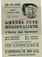 87 - AIXE SUR VIENNE- AFFICHE GRANDE FETE REGIONALISTE-EICOLO DAU BARBICHET-2 FEVRIER 1950- SALLE DES FETES - Posters