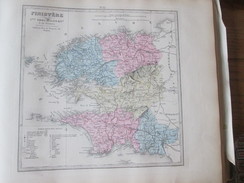 Carte Géographique 1880 Departement  Du FINISTERE Bretagne  QUIMPER BREST MORLAIX CHATEAULIN BENODET CONCARNEAU OUESSANT - Cartes Géographiques