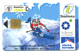 Espagne, Telefonica, 1000 Pta., Thème, Sport, Championnat Du Monde De Ski, 1996, Sierra Nevada - Sport