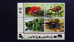 UNO Genf 537/40 Oo/ESST, Gefährdete Arten, Tomatenfrosch,  Lappenchamäleon, Grüne Hundskopfboa, Gestreifter Blattsteiger - Used Stamps