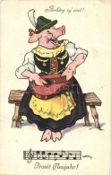 ** T2/T3 Boldog Újévet! / New Year Greeting Card, Pig Woman With Music Instrument, B.K.W.I 3044-1. S:... - Sin Clasificación