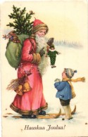 * T2/T3 'Hauskaa Joulua!' / Finnish Christmas Greeting Card, Saint Nicholas Skiing, Child, Litho (EK) - Non Classés