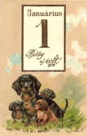 ** T2 Boldog Újévet / New Year Greeting, January 1st, Dogs, Emb. Litho - Sin Clasificación