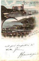 T2/T3 1897 Trieste, Miramare, S. Bartolo Presso, Barcola / Castle, Port, Sailboats, Railway Viaduct, Locomotive,... - Zonder Classificatie