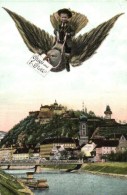 * T2 Graz, Gruss Aus...Jos. Sobel. Kunstverlag Frank Nr. 675/1. / Greeting Card With Flying Boy On Bird, Shop Of... - Sin Clasificación