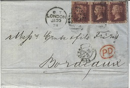 1871- Letter From London To Bordeaux  Fr.  1 Penny X 3    Pl. 164 - Cartas
