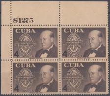 1956-240 CUBA. REPUBLICA. 1956. Ed.680. RAIMUNDO GARCIA MENOCAL. BLOCK 4 GOMA MANCHADA. PLATE NUMBER. - Ungebraucht