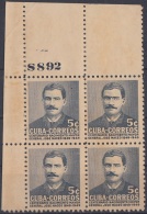 1952-320 CUBA. REPUBLICA. 1952. Ed.475. CENTENARIO DEL NACIMIENTO DEL GENERAL JOSE MACEO. BLOCK 4 MANCHAS. PLATE NUMBER. - Ungebraucht