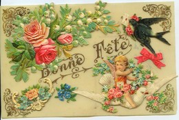 12520  - Carte Celluloïd :  Rose, Muguet, Hirondelle ,Angelot Et Colombe  Fleurs  (sujets Rajoutés ??) Circulée En 1908 - Cartes Porcelaine